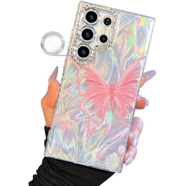 Imagem de I-MGAE-IN-AR Capa compacta para Samsung Galaxy S25 design ultra borboleta, moldura de proteção de lente de câmera de diamante, capa protetora de TPU macio e macio à prova de choque para mulheres rosa