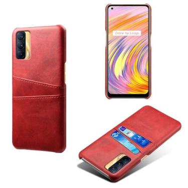 Imagem de Capas Compatível com OPPO Realme V15 5G,tampa protetora de couro falso,design de saco de cartão com 2 fendas de cartão atrás,proteção anti-impressão digital e anti-gota-Red