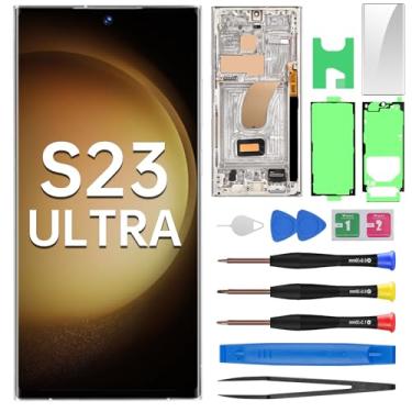 Imagem de BESJMYT Para Samsung Galaxy S23 Ultra AMOLED Screen Replacement OLED Display Touch Digitalizador Montagem completa com moldura creme e botão lateral Kit de ferramentas de reparo de vidro SM-S918U