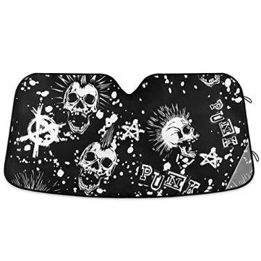 Imagem de Oarencol Protetor de viseira de sol branco punk caveira carro pára-brisa cabelo moicano preto vintage dobrável raios UV viseira protetor solar para manter seu veículo fresco (140 cm x 70 cm)