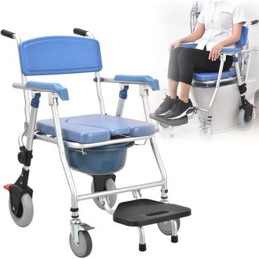 Imagem de Cadeira De Banho Com Rodas Para Adultos Idosos E Deficientes, Cadeira De Rodas Dobrável De Alumínio - Cadeira De Banho Com Rodas Com Balde Destacável & Pedal, White, 64X55X88cm