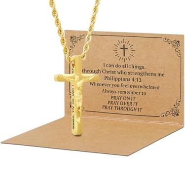 Imagem de DS Colar de cruz cristã para homens e mulheres - colares de crucifixo de aço inoxidável de ouro 18K com versículo bíblico inspirador presente religioso para oração fé Jesus/Deus católico cristão
