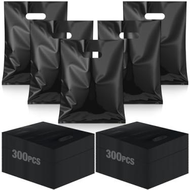 Imagem de Qilery 300 sacos de plástico para presente com alça recortada, sacola de plástico de varejo, mercadoria, presente, doces, forte, durável, para pequenas empresas, feiras de varejo, festas e mais (preto