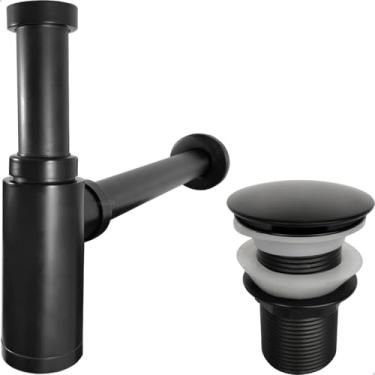 Imagem de Dona D Cor, Sifão Copo e Valvula Click 1 1/4 Inox Preto Fosco Kit Banheiro Luxo Ralo de Pia Sifao Quadrado 40mm