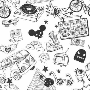 Imagem de Papel De Parede Adesivo Desenhos Preto E Branco Kombi Rádio 5m