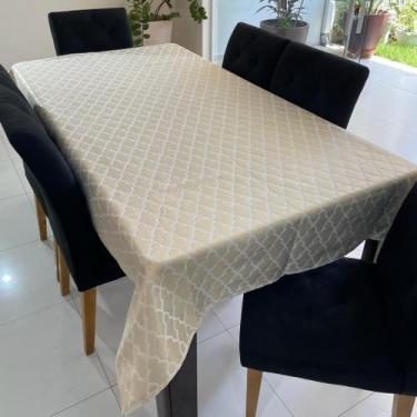 Imagem de Toalha de Mesa Quadrada Jacquard Luxo Geométrico Branco e Dourado - 1,