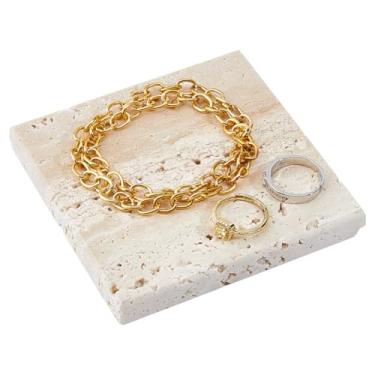 Imagem de DICOSMETIC Prato de joias de mármore natural 10 x 10 cm bandeja quadrada de joias de pedra decorativa prato de joias de mármore pequena bandeja de pedra para anéis, brincos, colares, correntes, bege