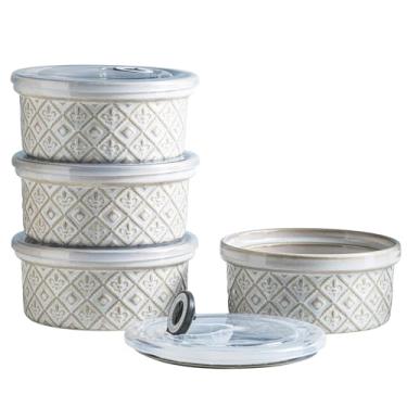 Imagem de MISSYSSIM Suflê de cerâmica pequenas assadeiras para forno, tigelas de charcutaria de 473 ml, conjunto de ramequins de creme brulee com tampas, copos de creme de pudim, tigelas de molho de lanche