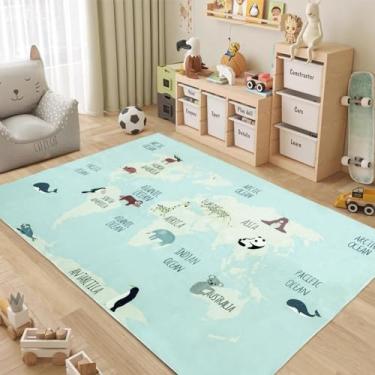 Imagem de USTIDE Tapete de área infantil mapa do mundo tapete verde tapetes de animais fofos tapete educativo para meninos e meninas tapetes laváveis à máquina para sala de estar, quarto, sala de jogos, 14 x