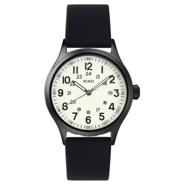 Imagem de BUREI Relógio masculino moderno, pulseira de couro analógico, quartzo, impermeável, relógio masculino, Preto, prata