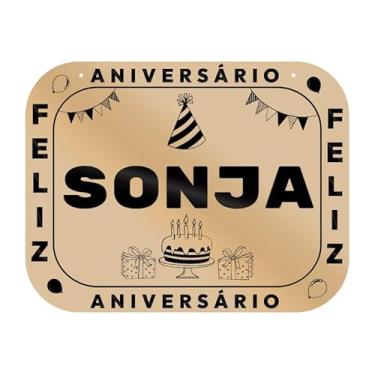 Imagem de Placa Feliz Aniversário Sonja em MDF, 19x14 cm, com 2 Furos para Pendurar