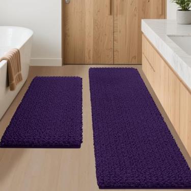 Imagem de ACCUMTEK Tapete de banheiro 2 peças roxo escuro Upgrade Luxury 152,4 cm x 50,8 cm + 81,3 cm x 50,8 cm, tapetes de banheiro ultra macios e espessos, tapete de banheiro de chenille antiderrapante para