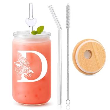 Imagem de DAMCONME Copos personalizados para mulheres - copo de vidro inicial de 473 ml com tampa e canudo - Copo de vidro fofo com canudo e tampa, presente com monograma para professor, amigo ou agradecimento