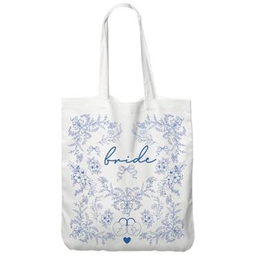 Imagem de Bride Squad Bride Blue White Porcelain Tote Bag Bolsa de lona de despedida de solteira para chá de panela, casamento, viagem de lua de mel e uso diário (flor azul)