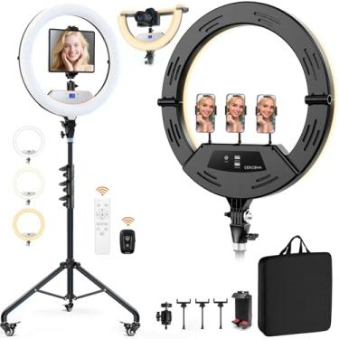 Imagem de Anel de luz dobrável de 45,7 cm com suporte para câmera de iPhone iPad, tripé de 190,5 cm com rodas 38W 6500K Display LED/controle remoto/2 portas USB grande rolamento de luz de anel para YouTube