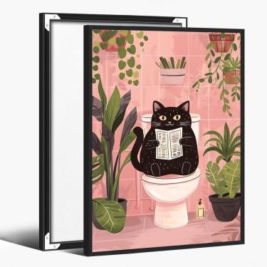 Imagem de Pôster Funny Black Cat Bathroom Wall Art 40x60cm com moldura preta