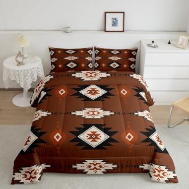 Imagem de Feelyou Conjunto de edredom asteca ocidental marrom étnico do sudoeste geométrico com 2 fronhas, boêmio, casa de fazenda, crianças, queen para decoração de quarto, edredom respirável, macio e leve