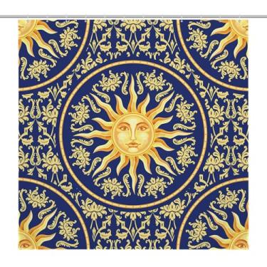 Imagem de Cortina de chuveiro 182 x 182 cm, vintage celestial barroco azul dourado sol rosto planeta astronomia conjunto de cortina de chuveiro com 12 ganchos, cortina de chuveiro de tecido lavável, cortina de
