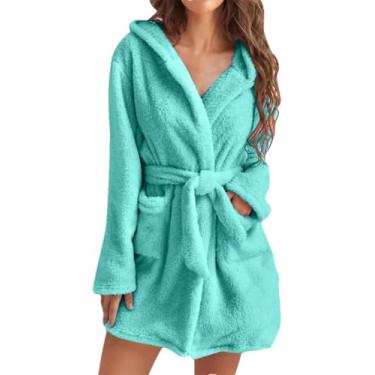Imagem de Mulheres Inverno Pelúcia Térmica Longo Roupão De Banho Xale Com Capuz Roupão De Banho Quente Quimono Roupão De Flanela Roupão De Banho Pijamas, Mint EN8, XL