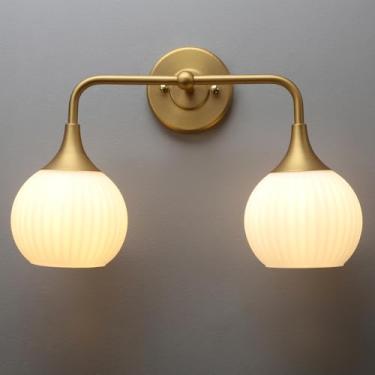 Imagem de PERMO Arandela dupla Vintage Vanity Light Antique 2 arandelas de luz com branco leite com nervuras globo de vidro para espelho de banheiro mesa de maquiagem