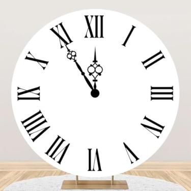 Imagem de Yeele Relógio vintage de 2 x 2 m, pano de fundo redondo para o ano novo, relógio branco, contagem regressiva, fotografia de fundo para Natal, feliz ano novo, festa de chá de bebê, decoração de