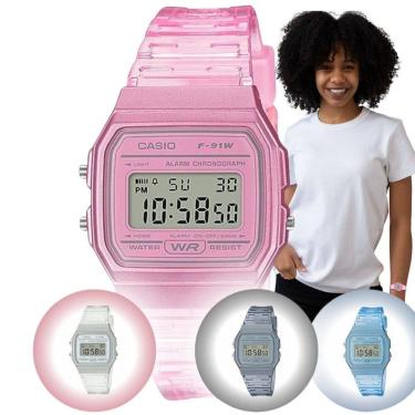 Imagem de Relógio de Pulso Casio Vintage Feminino Digital Esportivo Leve Transparente Azul Rosa Cinza F-91WS