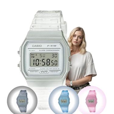 Imagem de Relógio de Pulso Casio Vintage Feminino Digital Esportivo Leve Transparente Azul Rosa Cinza F-91WS