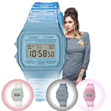 Imagem de Relógio de Pulso Casio Vintage Feminino Digital Esportivo Leve Transparente Azul Rosa Cinza F-91WS