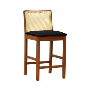 Imagem de Banqueta Média Pérola Madeira Maciça Telinha c/ 62cm - Amêndoa - Assento Estofado Linho Preto Textura