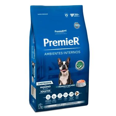 Imagem de Ração Premier Cães Ambientes Internos Castrados Adultos Sabor Frango e Salmão 12kg