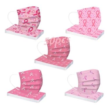 Imagem de Pacote com 50 máscaras faciais descartáveis de fita rosa – Máscaras comemorativas de conscientização do câncer de mama para outubro, Ame seus seios, eventos e passeios de caridade