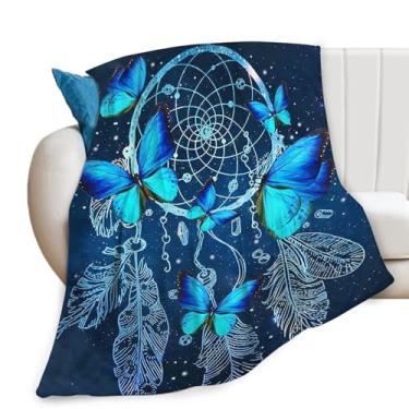 Imagem de Cobertor de borboleta azul para mulheres, meninas, apanhador de sonhos, cobertor para crianças, meninos, cobertor de flanela macio e aconchegante para sofá cama 101,6 cm x 127 cm