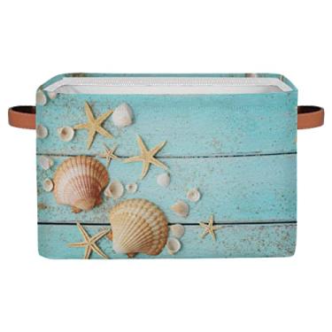 Imagem de Cestos de armazenamento, conchas de estrelas do mar do oceano, caixa de armazenamento dobrável de tecido de lona, cestas decorativas, organizador de brinquedos, caixas de armazenamento retangulares