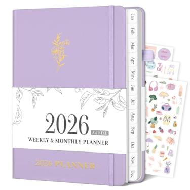 Imagem de Agenda 2026 semanal e mensal, 21,6 cm x 28 cm com abas de janeiro de 2026 a dezembro de 2026, agenda grande de capa dura A4 com data para agenda escolar e escritório, roxo