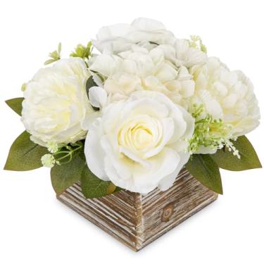 Imagem de Arranjo de flores com vaso de madeira flores artificiais em vaso de 20 cm - flores falsas rosas peônias hortênsias em vaso de madeira em vaso de flores artificiais centros de mesa para decoração de
