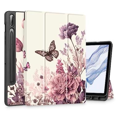 Imagem de Mektron Capa para tablet Samsung Galaxy Tab S9 de 11 polegadas modelo X710/X716B/X718U, capa rígida fosca com função despertar/hibernar automática, suporte multi-ângulo para Galaxy S9, flor borboleta C074