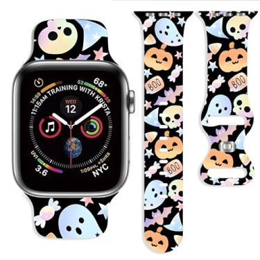 Imagem de Pulseira de Halloween compatível com Apple Watch de 38 mm, 40 mm, 41 mm, 42 mm, 44 mm, 45 mm, 46 mm, 49 mm, ajustável, substituível, de silicone macio para iWatch Ultra, séries 10, 9, 8, 7, 6, 5, 4, 3