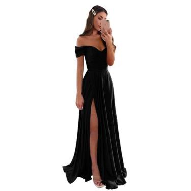 Imagem de Vestido de formatura GODCUN Off Shoulder em cetim com fenda em A, pret
