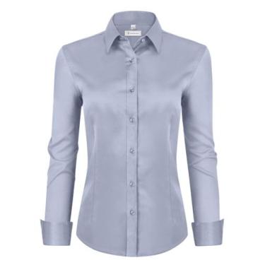 Imagem de Camisa social siliteelon para mulheres de manga comprida, prata, cinza