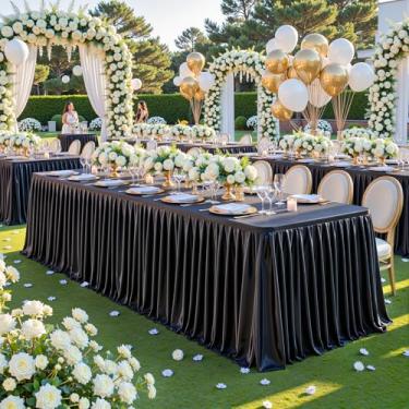Imagem de Toalha de mesa preta com glitter para mesas retangulares de 1,2 m, saia de mesa de festa brilhante resistente a amassados, saia de mesa de cetim lavável para feiras, festas, aniversário, casamento