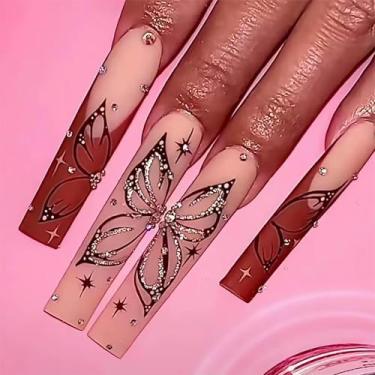 Imagem de RTKHFZE Unhas longas quadradas com desenhos de borboletas, unhas postiças, cola marrom nas unhas, presente para feriado/filha/festa/dia dos namorados