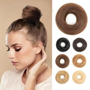 Imagem de VADES Pedaço de cabelo humano marrom chocolate cor 4 despenteados elástico donut updo extensão rabo de cavalo peça de cabelo para mulheres