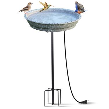 Imagem de Banho de pássaro aquecido para beija-flor, aquecedor de água de 65 W deicer de banho de pássaros, tigela profunda controle termostático resistência ao clima disponível com poste de metal estável para todas as estações ao ar livre jardim pátio