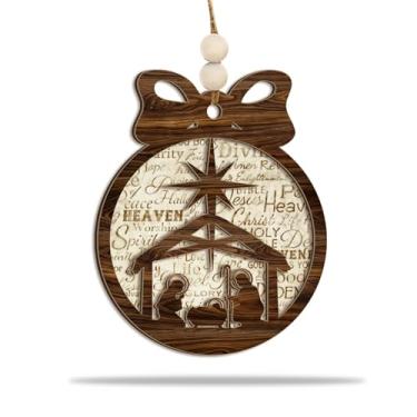 Imagem de Enfeite de Natal de madeira para presépio – Decoração rústica de férias com a Sagrada Família e Estrela de Belém – Ornamento de árvore cristã com fundo de arte de palavra de fé e presente religioso