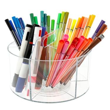 Imagem de ZFLYCANP Suporte de caneta de acrílico com 6 compartimentos, organizador de lápis transparente giratório de 360° com alça, caixa de armazenamento de lápis compartimentada para pincel de tesoura de giz