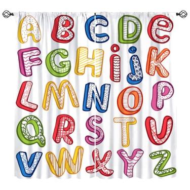 Imagem de Cortinas do alfabeto, letras coloridas estilo 3D, tratamentos de janela padrão ABC, cortinas com isolamento térmico com bolso para varão, conjunto de 2 painéis para quarto de crianças, berçário, sala