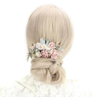 Imagem de PoshMyra Pente de cabelo floral rosa blush com flores secas de hálito de bebê, damas de honra, grampos de cabelo para jardim, casamento, acessório para foto