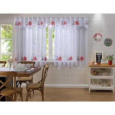 Imagem de CORTINA DE RENDA PARA COZINHA COM BANDÔ PREMIUM BRANCA HORA DO CHA VERMELHO 2,80M X 1,50M X 30CM