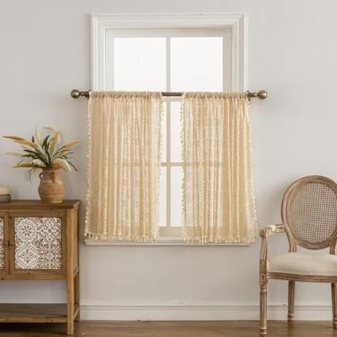 Imagem de YJ YANJUN Cortinas Boho Cafe 76,2 cm de comprimento, 2 painéis, cada 150 cm L x 76 cm C, cortinas bege de crochê para cozinha acima da pia, painéis de cortina de renda curta com borlas para banheiro