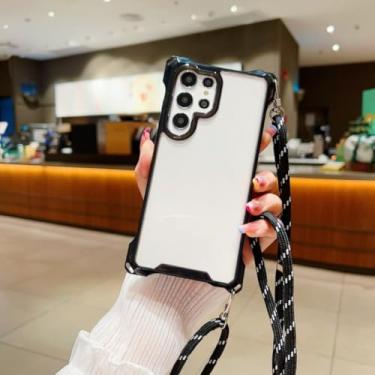 Imagem de Capa com alça de quatro cantos para Samsung Galaxy A54 A55 S25 S24 Ultra S23 Plus S24ultra Crossbody Lanyard Capa transparente à prova de choque (para S24/preto)